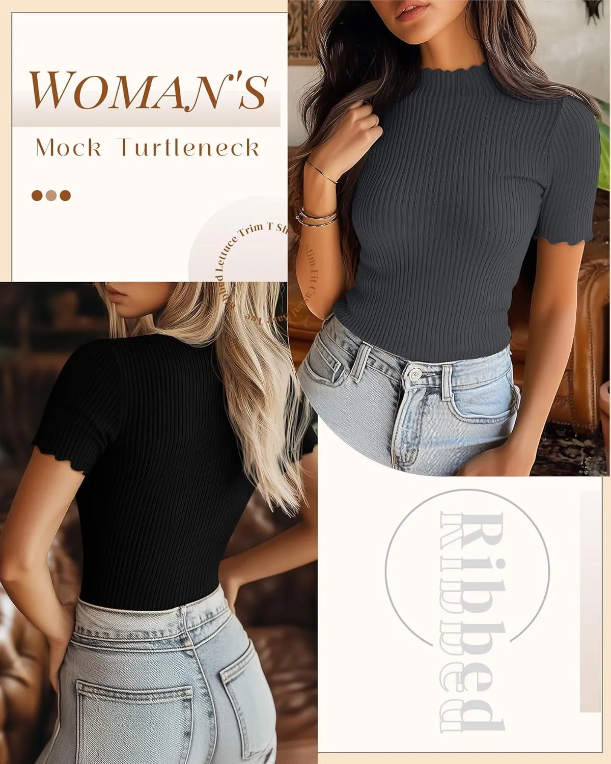 Huukeay 3 Pack Women's Mock Turtleneck Short Sleeve Tops Cotton Ribbed Lettuce Trim T Shirts Slim Fit Casual Base Tee