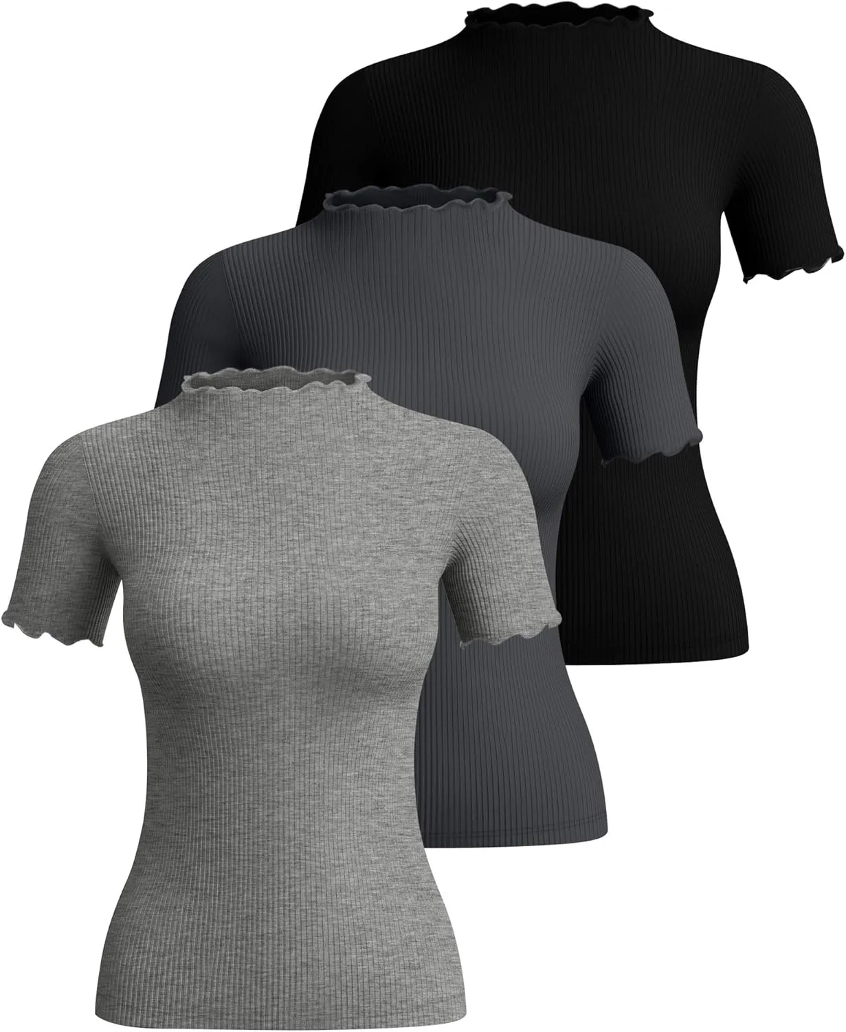 Huukeay 3 Pack Women's Mock Turtleneck Short Sleeve Tops Cotton Ribbed Lettuce Trim T Shirts Slim Fit Casual Base Tee