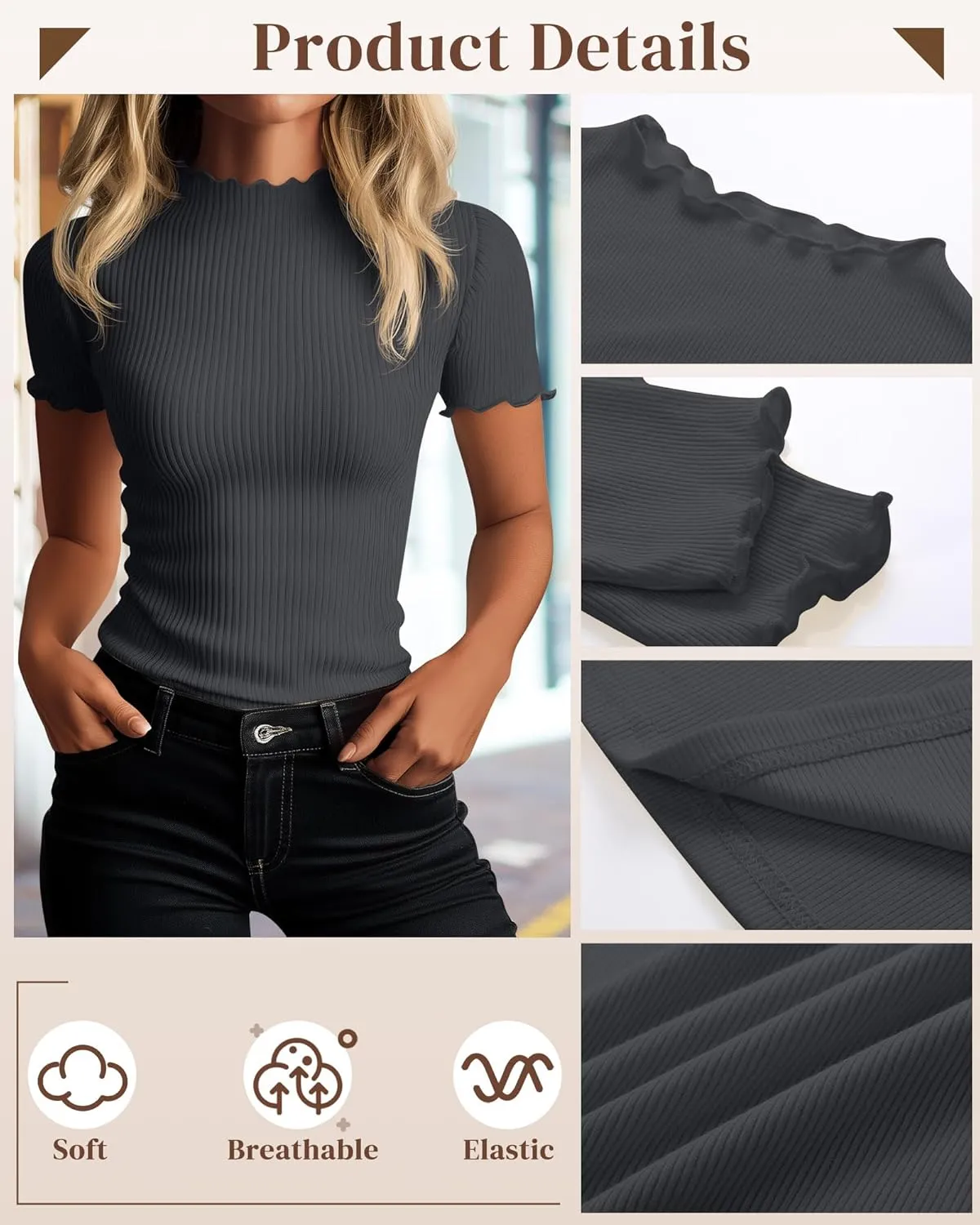 Huukeay 3 Pack Women's Mock Turtleneck Short Sleeve Tops Cotton Ribbed Lettuce Trim T Shirts Slim Fit Casual Base Tee