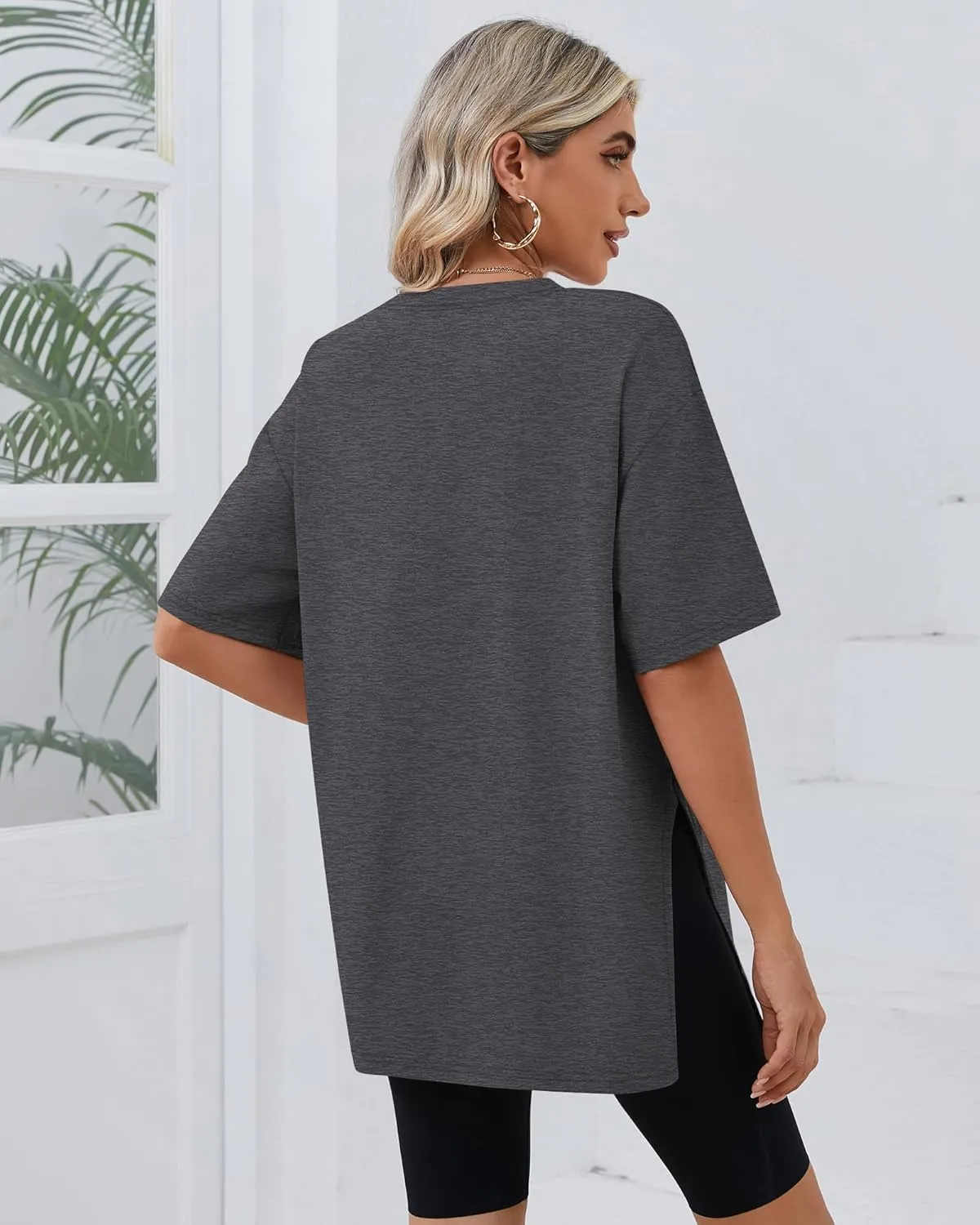 Huukeay 3 Pack Women's Oversized Gym T Shirts Cotton Short Sleeve Side Split Crewneck Tops Casual Workout Baggy Basic Tee