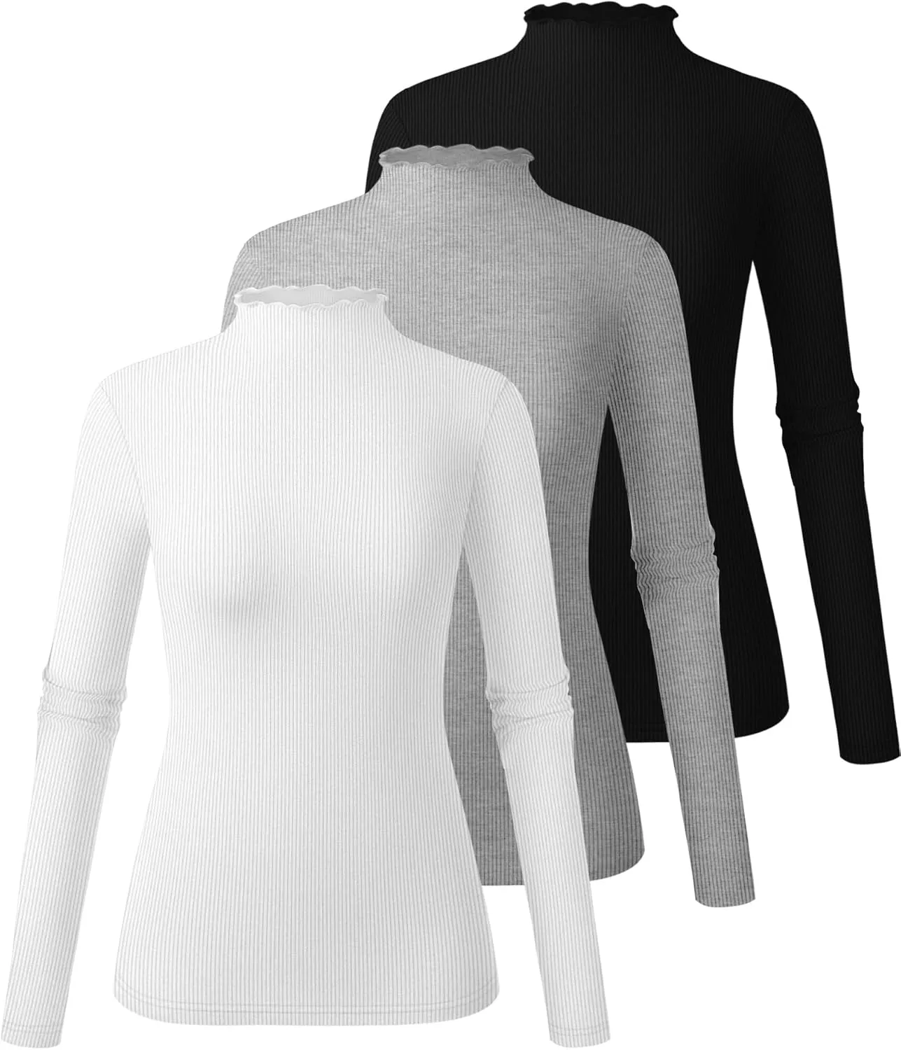 Huukeay 3 Pack Women's Ribbed Mock Turtleneck Tops Long Sleeve Lettuce Trim Neck T Shirts Slim Fit Basic Undershirt Tee