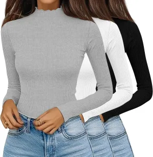 Huukeay 3 Pack Women's Ribbed Mock Turtleneck Tops Long Sleeve Lettuce Trim Neck T Shirts Slim Fit Basic Undershirt Tee