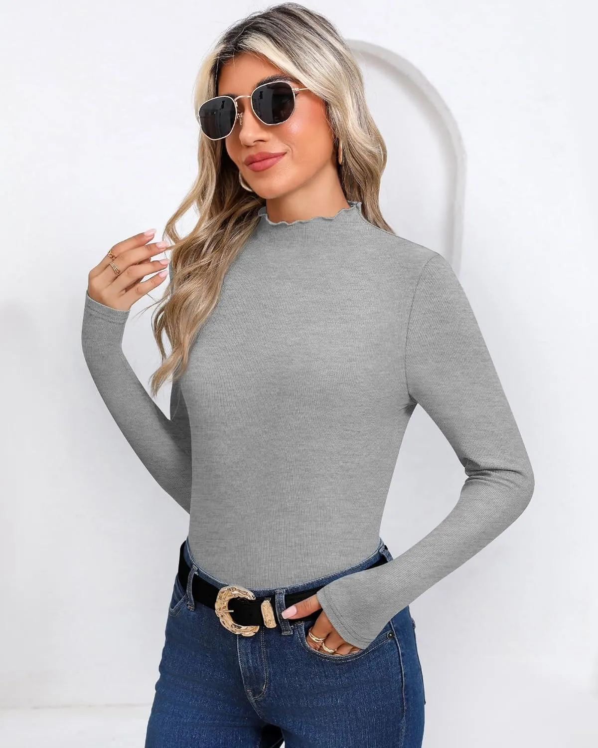 Huukeay 3 Pack Women's Ribbed Mock Turtleneck Tops Long Sleeve Lettuce Trim Neck T Shirts Slim Fit Basic Undershirt Tee