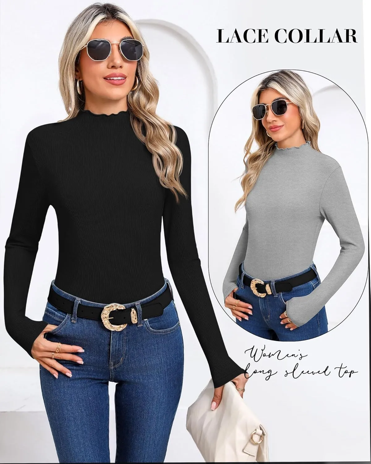 Huukeay 3 Pack Women's Ribbed Mock Turtleneck Tops Long Sleeve Lettuce Trim Neck T Shirts Slim Fit Basic Undershirt Tee