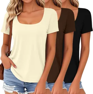 Huukeay 3 Pack Women's Summer Tunic Tops Scoop Neck Short Sleeve Shirt Casual Loose Fit Swing Tee to Wear with Leggings