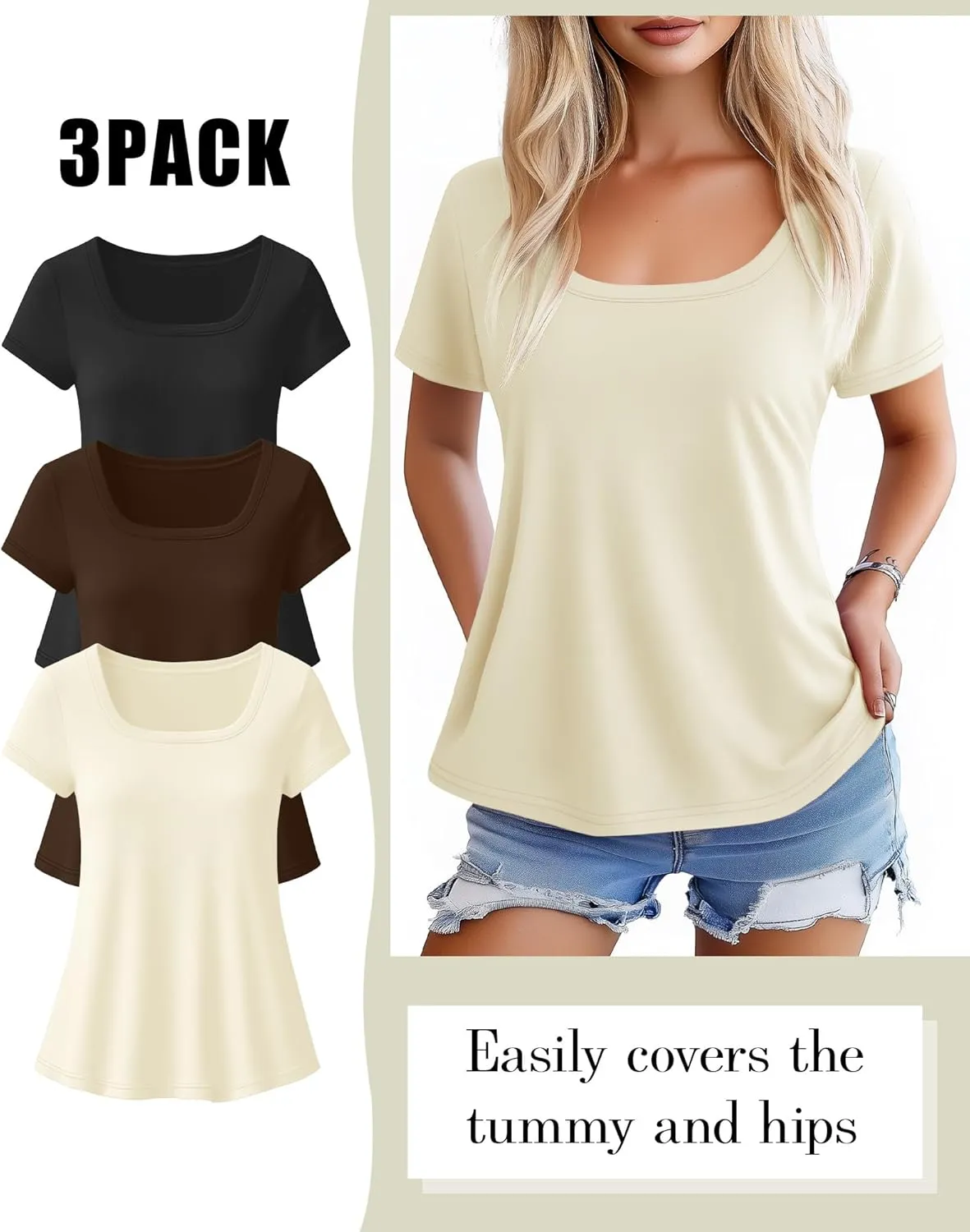 Huukeay 3 Pack Women's Summer Tunic Tops Scoop Neck Short Sleeve Shirt Casual Loose Fit Swing Tee to Wear with Leggings