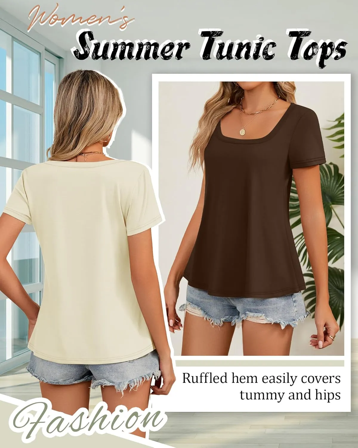 Huukeay 3 Pack Women's Summer Tunic Tops Scoop Neck Short Sleeve Shirt Casual Loose Fit Swing Tee to Wear with Leggings