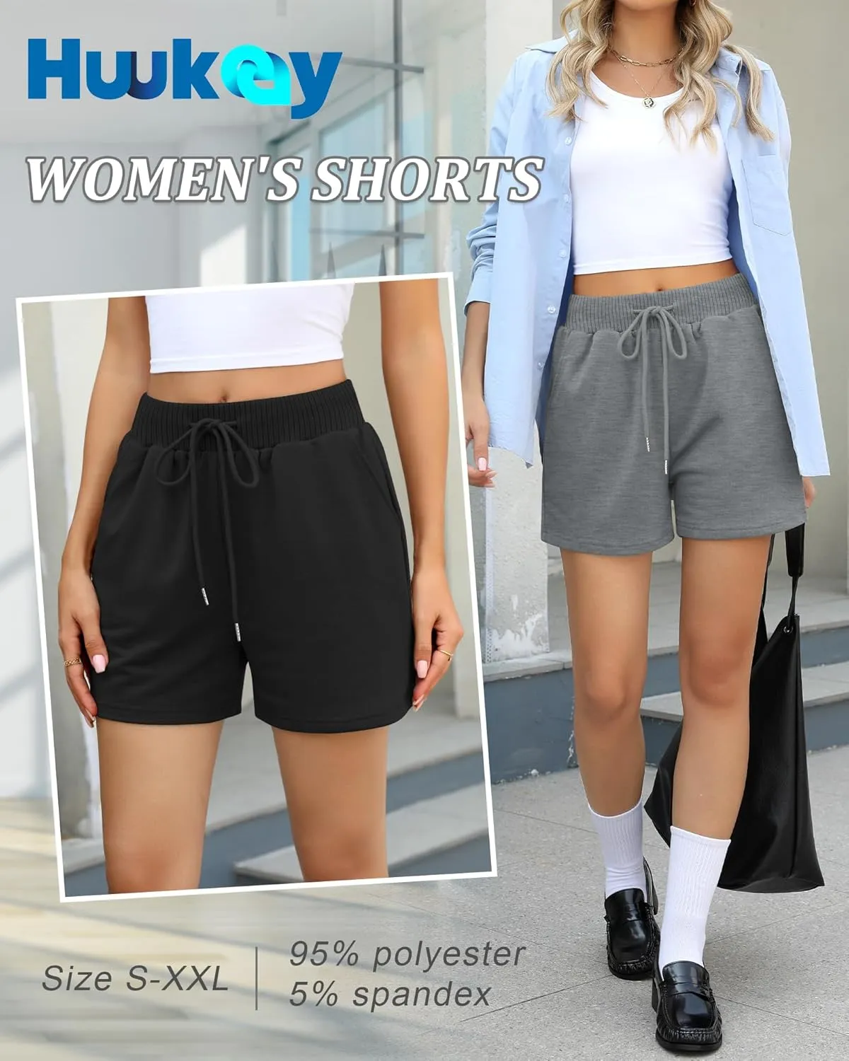 Huukeay 3 Pack Women's Sweat Shorts Comfy Casual Lounge Drawstring High Waisted Summer Athletic Shorts with Pockets