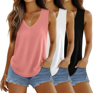 Huukeay 3 Pack Women's Tank Tops V Neck Loose Fit Casual Shirts Flowy Trendy Sleeveless Summer Basic Tee 2025 Fashion