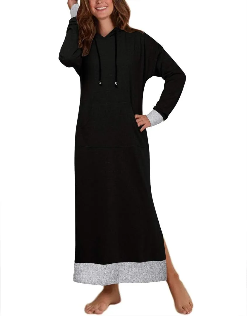 Jacansi Women's Long Sleeve Solid Loose Hooded Sweatshirt Maxi Dress with Pocket