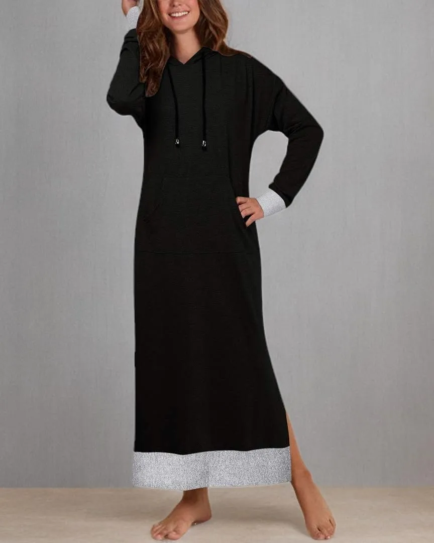Jacansi Women's Long Sleeve Solid Loose Hooded Sweatshirt Maxi Dress with Pocket