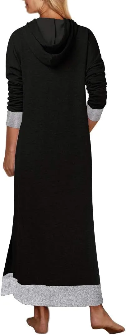 Jacansi Women's Long Sleeve Solid Loose Hooded Sweatshirt Maxi Dress with Pocket
