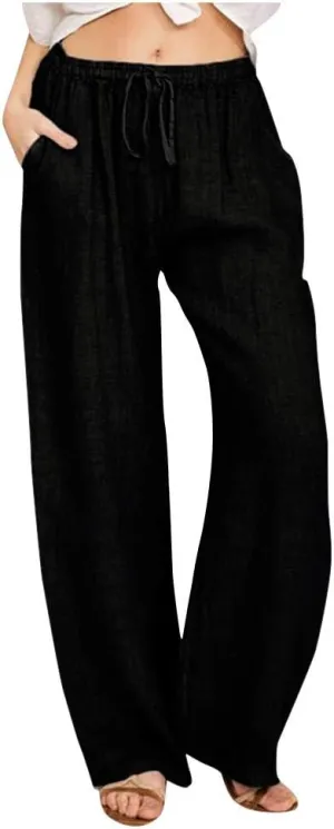 JIEMUXIU Women's Linen Pants 2024 Summer Wide Leg Casual Loose Drawstring High Waist Palazzo Pants Trousers with Pockets