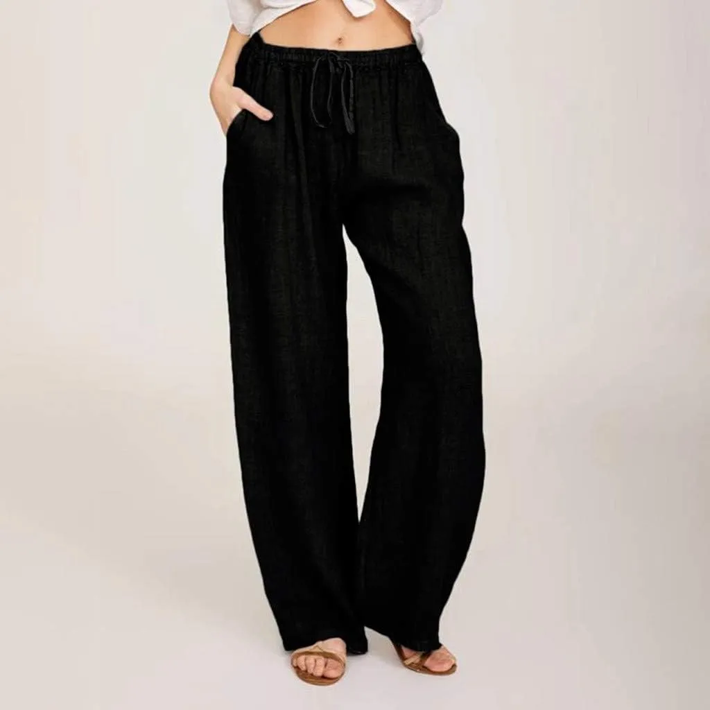 JIEMUXIU Women's Linen Pants 2024 Summer Wide Leg Casual Loose Drawstring High Waist Palazzo Pants Trousers with Pockets