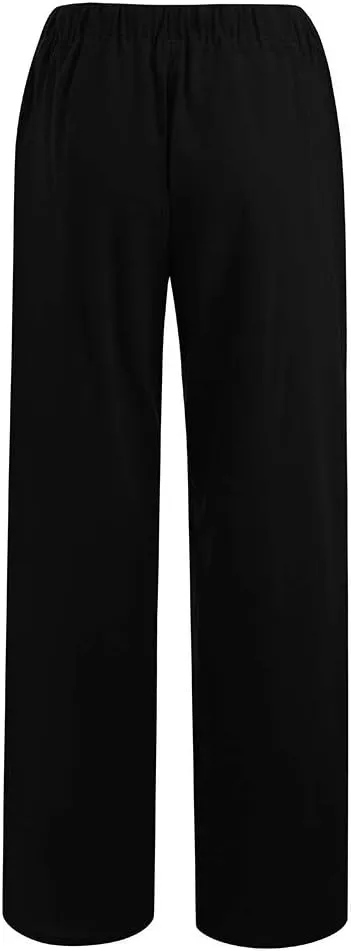 JIEMUXIU Women's Linen Pants 2024 Summer Wide Leg Casual Loose Drawstring High Waist Palazzo Pants Trousers with Pockets