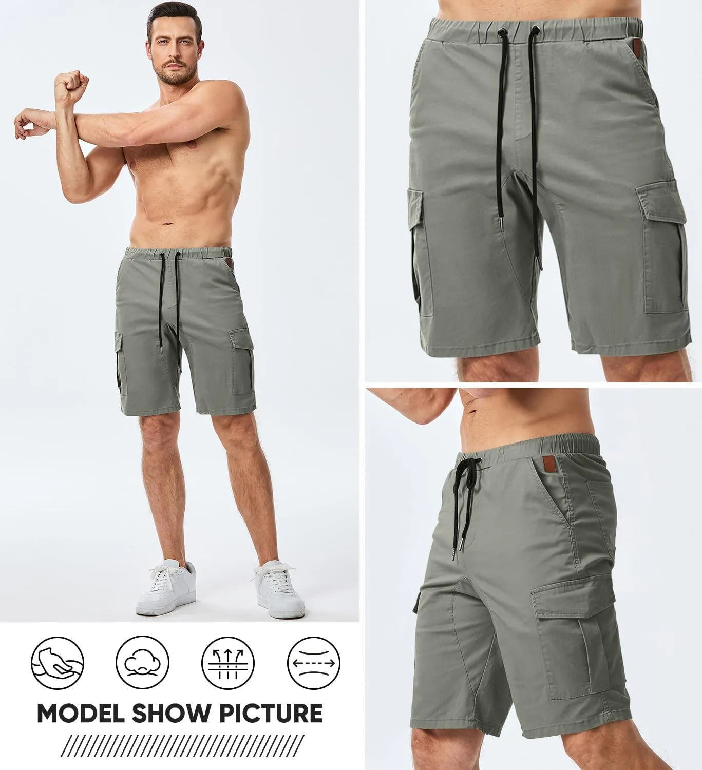 JMIERR Mens Casual Cargo Shorts - Cotton Drawstring Stretch Summer Beach Shorts Twill Chino Short with 6 Pockets