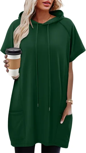 KISSMODA Long Shirts for Women Plus Size Summer Dresses 2025 Pullover Hoodies Short Sleeve Tunic Tops With Pockets