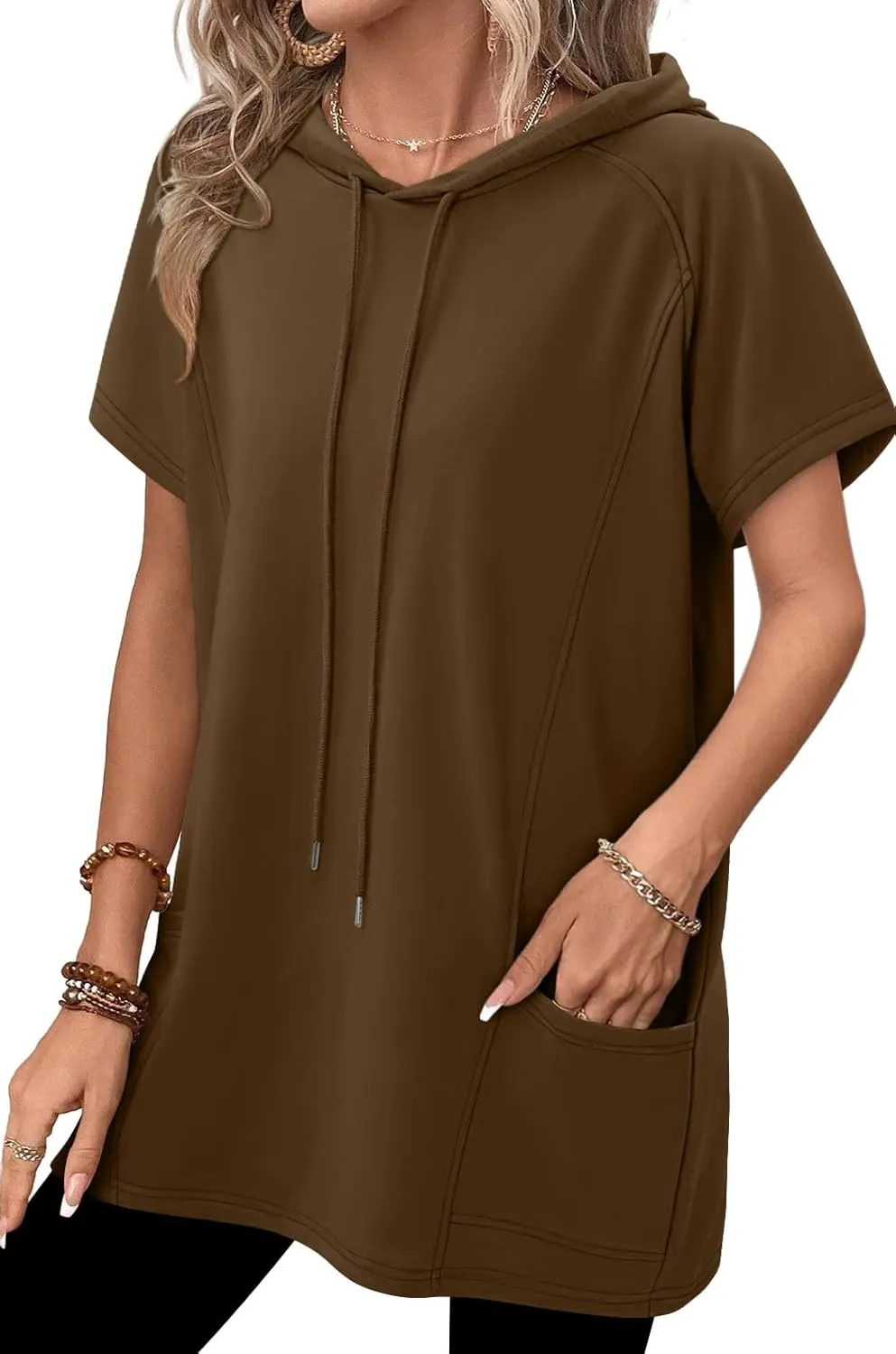 KISSMODA Long Shirts for Women Plus Size Summer Dresses 2025 Pullover Hoodies Short Sleeve Tunic Tops With Pockets