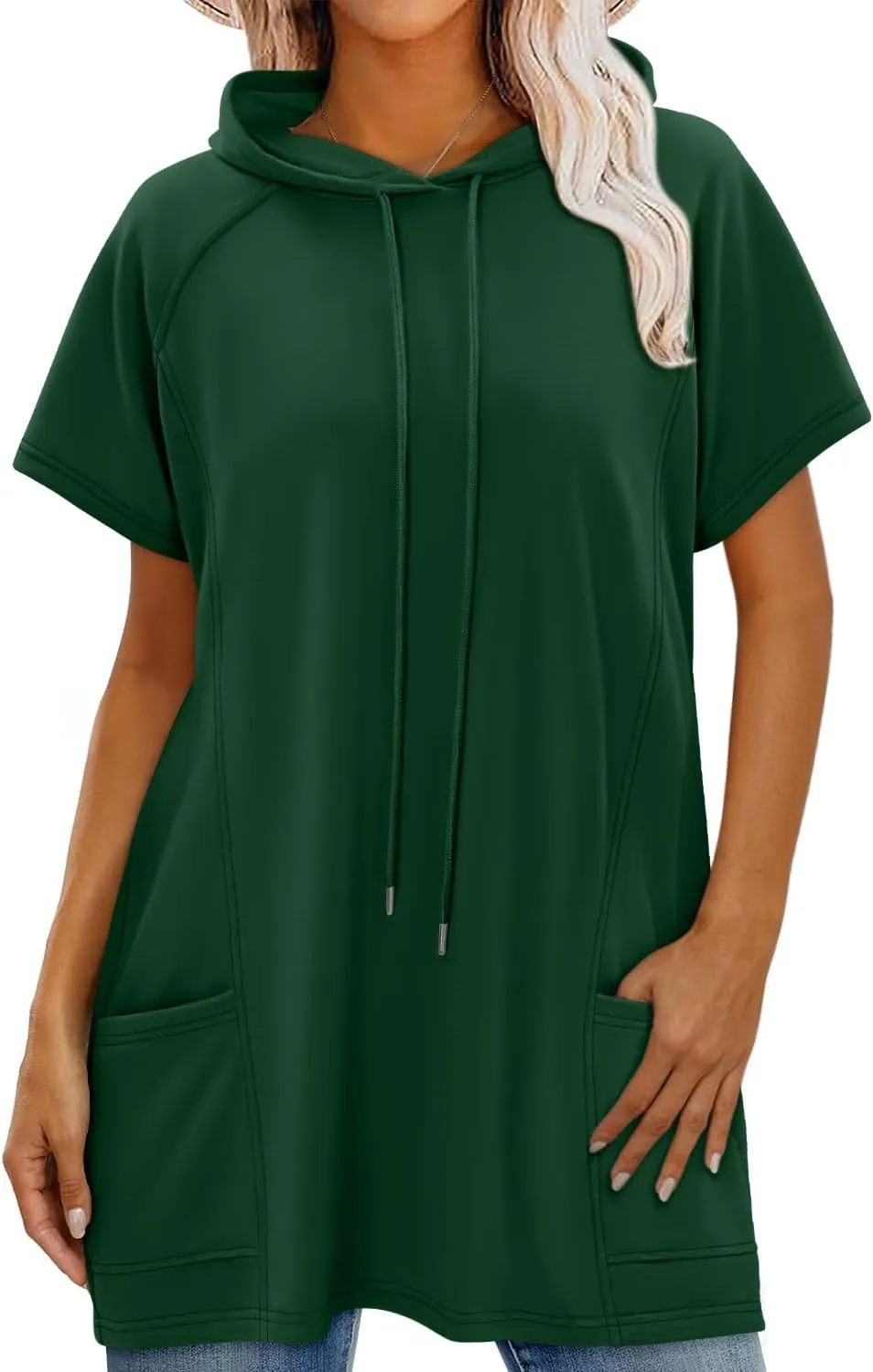 KISSMODA Long Shirts for Women Plus Size Summer Dresses 2025 Pullover Hoodies Short Sleeve Tunic Tops With Pockets