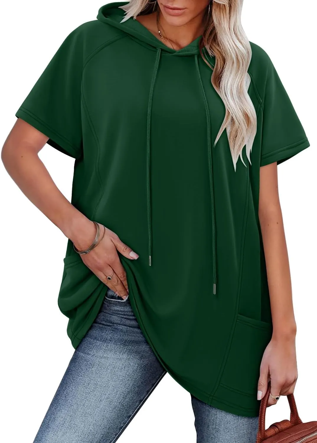KISSMODA Long Shirts for Women Plus Size Summer Dresses 2025 Pullover Hoodies Short Sleeve Tunic Tops With Pockets