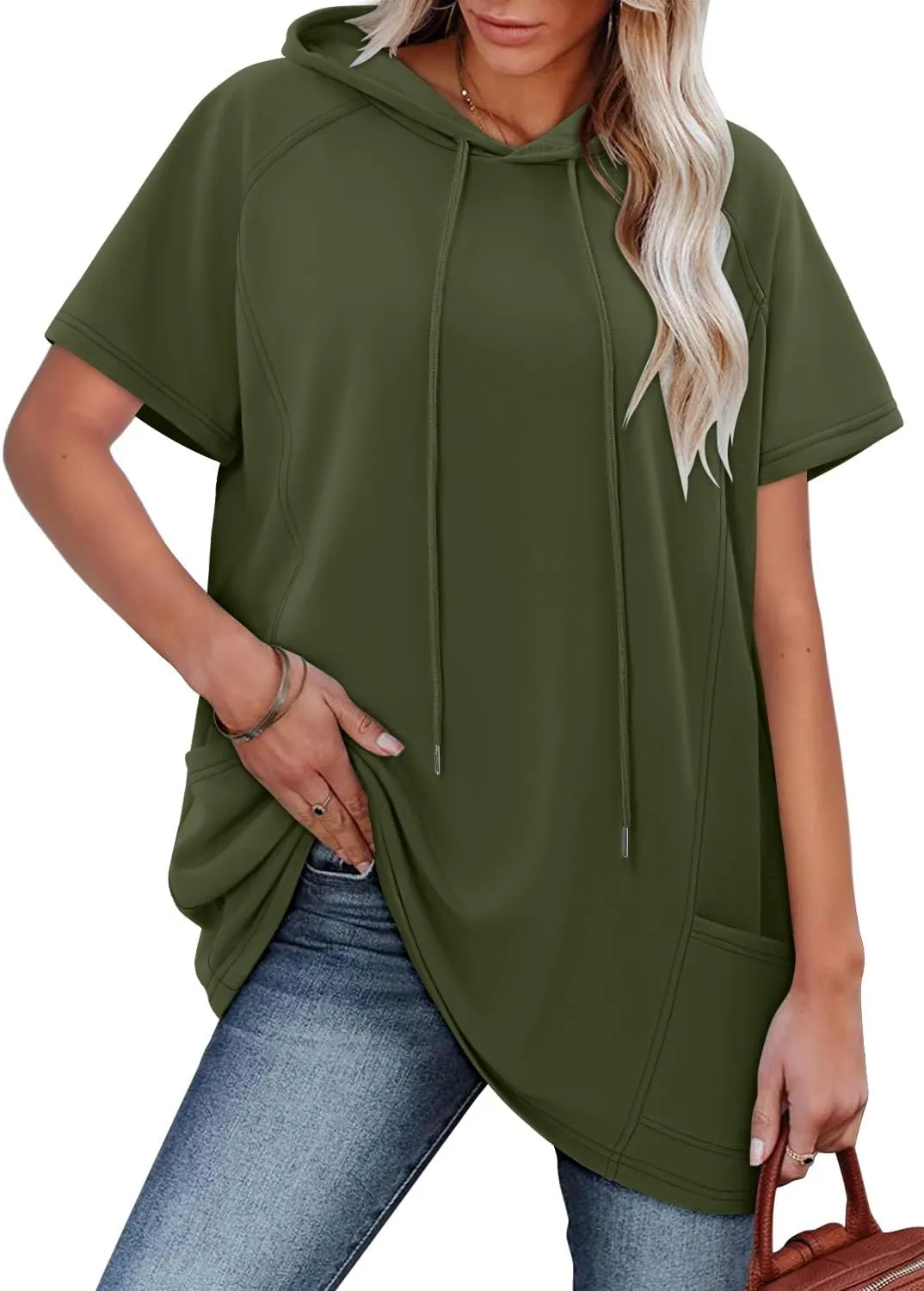 KISSMODA Long Shirts for Women Plus Size Summer Dresses 2025 Pullover Hoodies Short Sleeve Tunic Tops With Pockets
