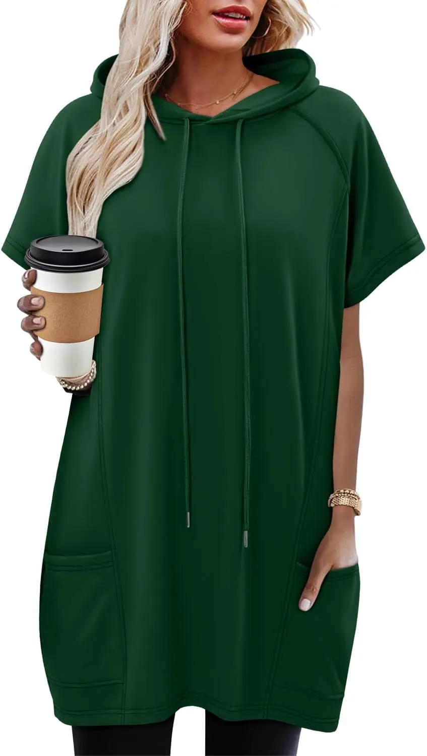KISSMODA Long Shirts for Women Plus Size Summer Dresses 2025 Pullover Hoodies Short Sleeve Tunic Tops With Pockets