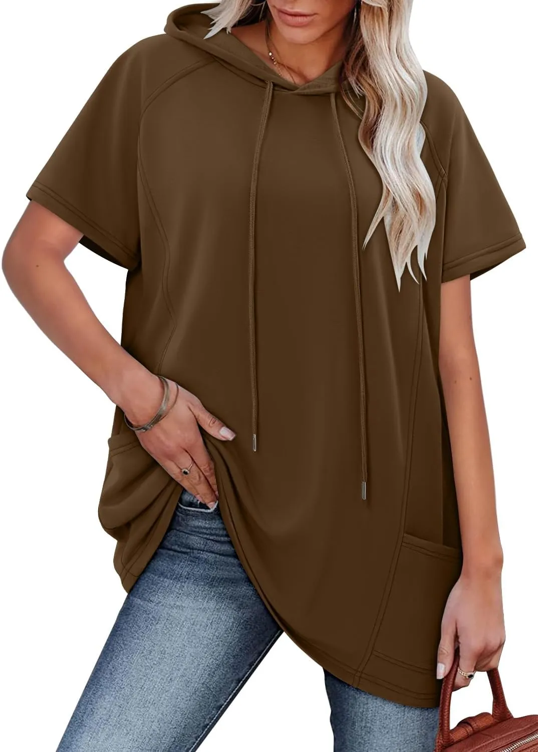 KISSMODA Long Shirts for Women Plus Size Summer Dresses 2025 Pullover Hoodies Short Sleeve Tunic Tops With Pockets