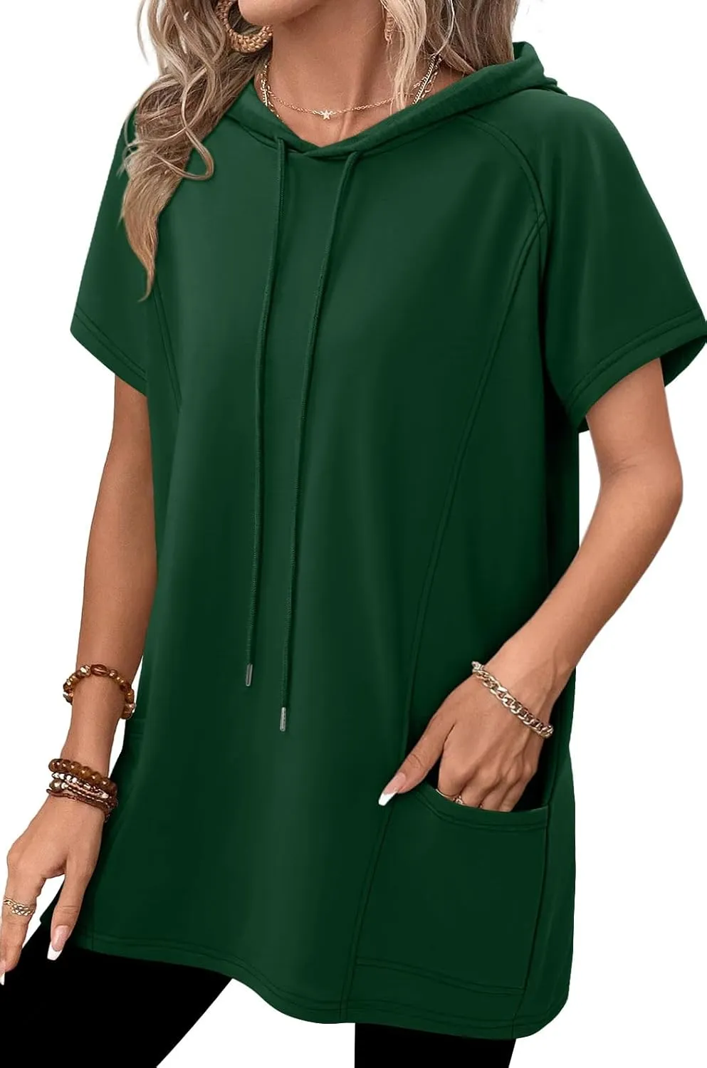 KISSMODA Long Shirts for Women Plus Size Summer Dresses 2025 Pullover Hoodies Short Sleeve Tunic Tops With Pockets