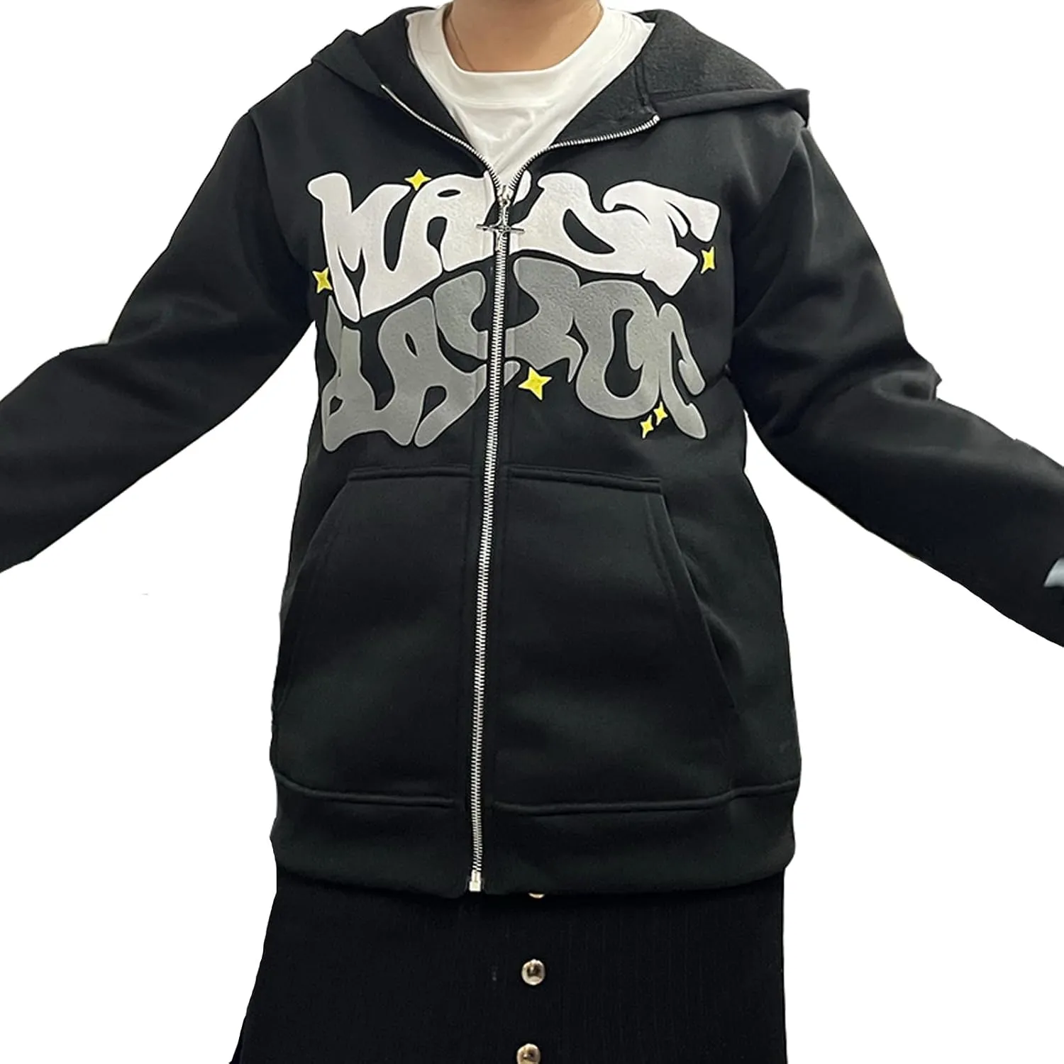 KOSUSANILL Y2k Hoodie Full Zip Up Women Oversized Graphic Goth Sweatshirt Teen Girls Harajuku Grunge Over Face Sweater Jacket