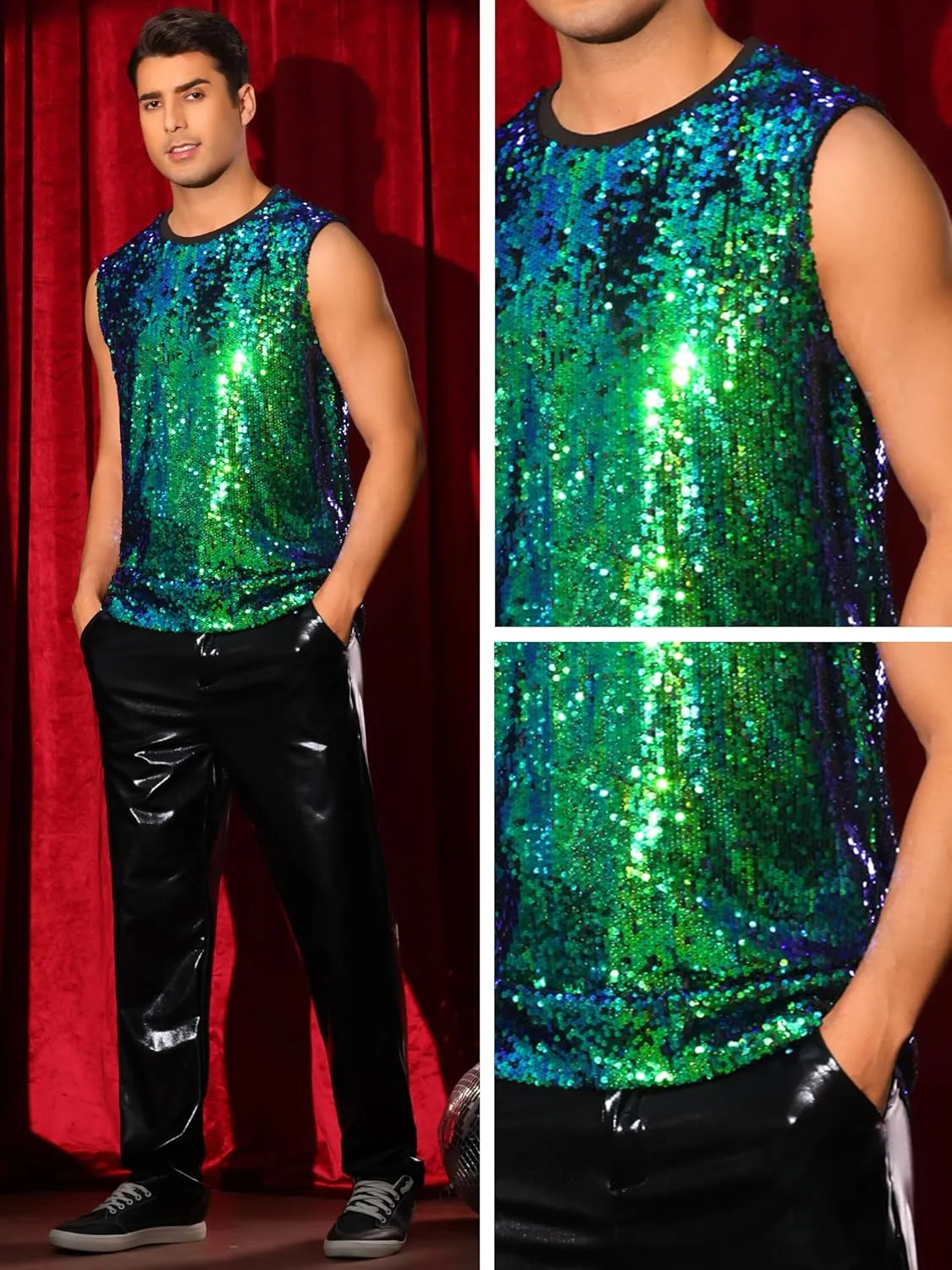 Lars Amadeus Sequin Tank Top for Men's Glitter Sleeveless Tee Disco Party Sparkly Metallic Vest