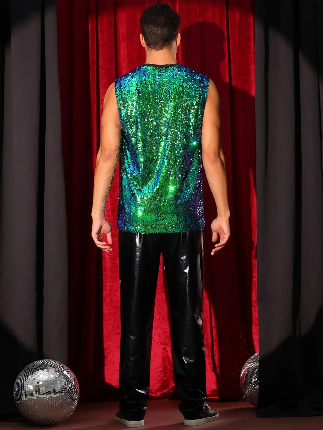 Lars Amadeus Sequin Tank Top for Men's Glitter Sleeveless Tee Disco Party Sparkly Metallic Vest