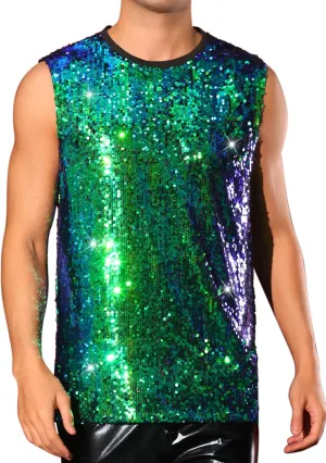 Lars Amadeus Sequin Tank Top for Men's Glitter Sleeveless Tee Disco Party Sparkly Metallic Vest