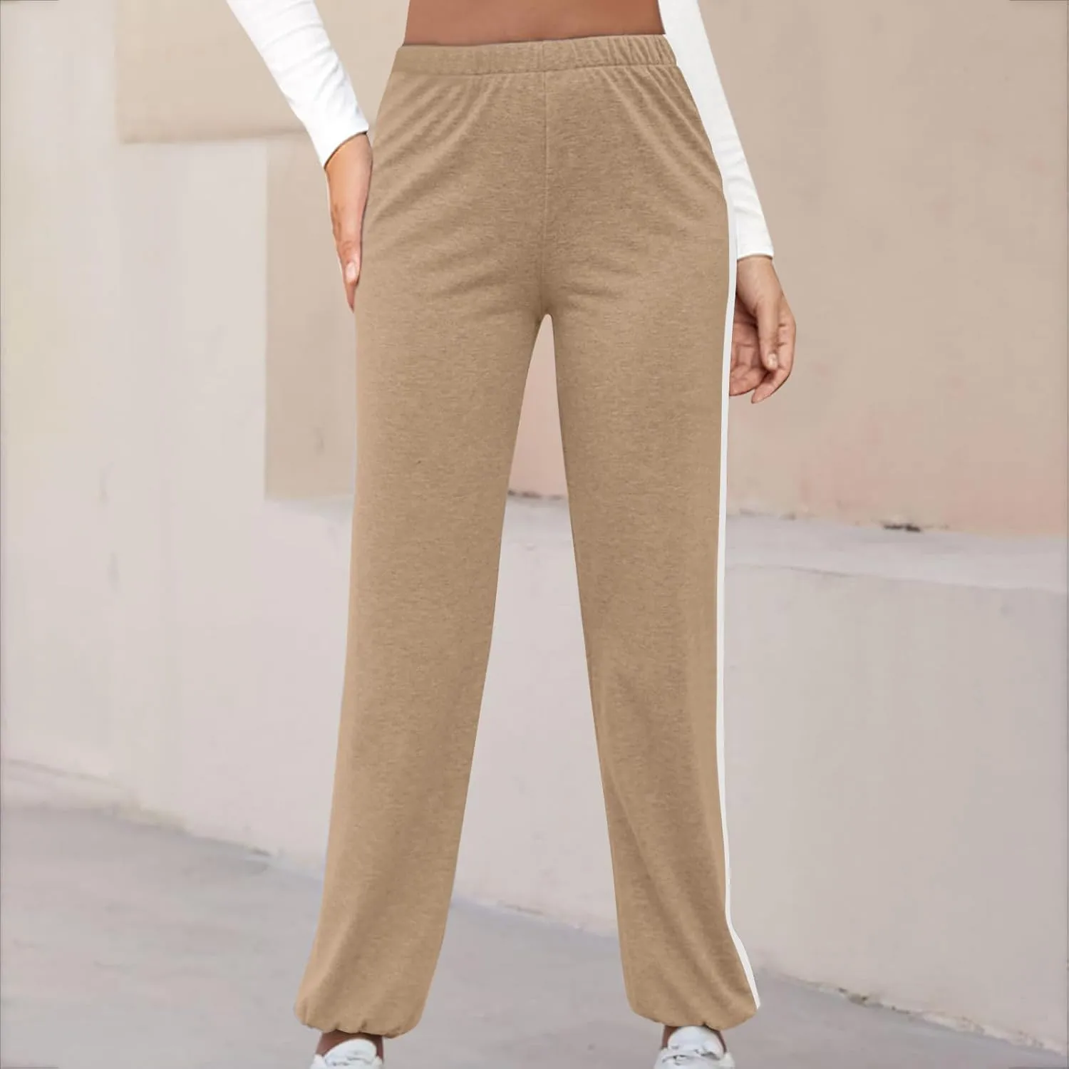 Lightweight Thin Sweatpants for Women High Elastic Waist Straight Trousers Trendy Casual Long Pants with Pockets