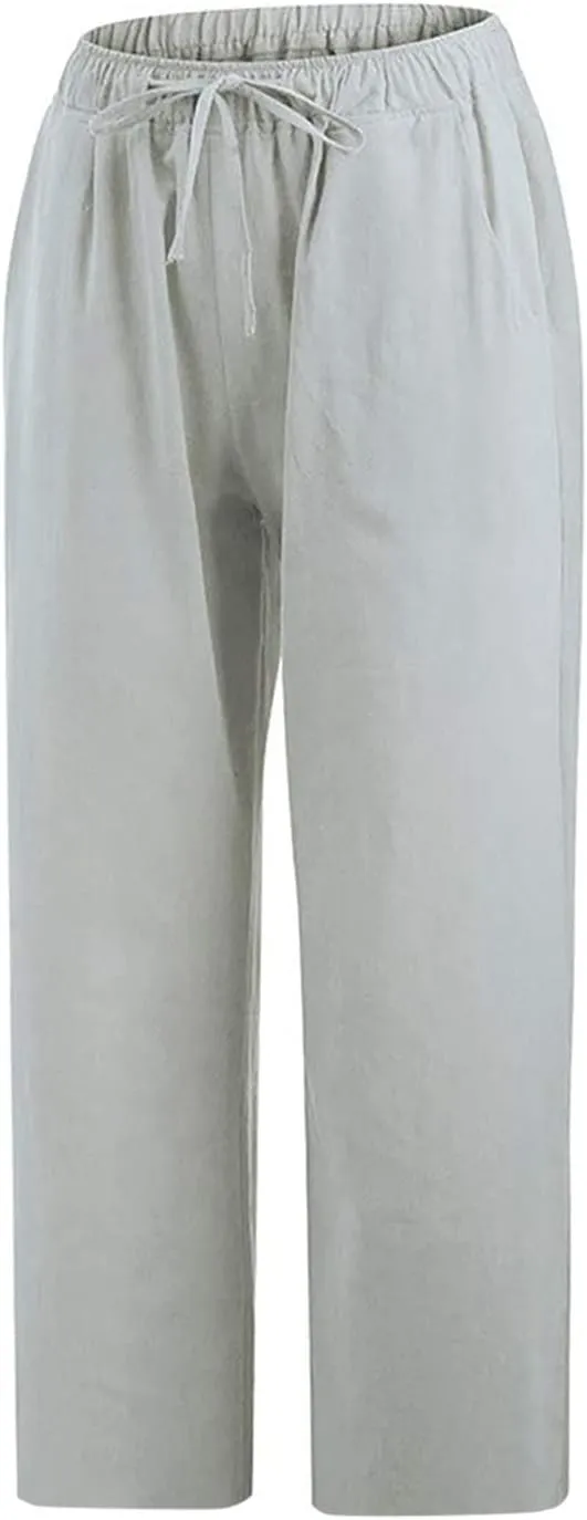 Linen Capri Pants for Women Plus Size Summer Casual Loose Comfy Beach Pants Cropped Vacation Outfits with Pockets