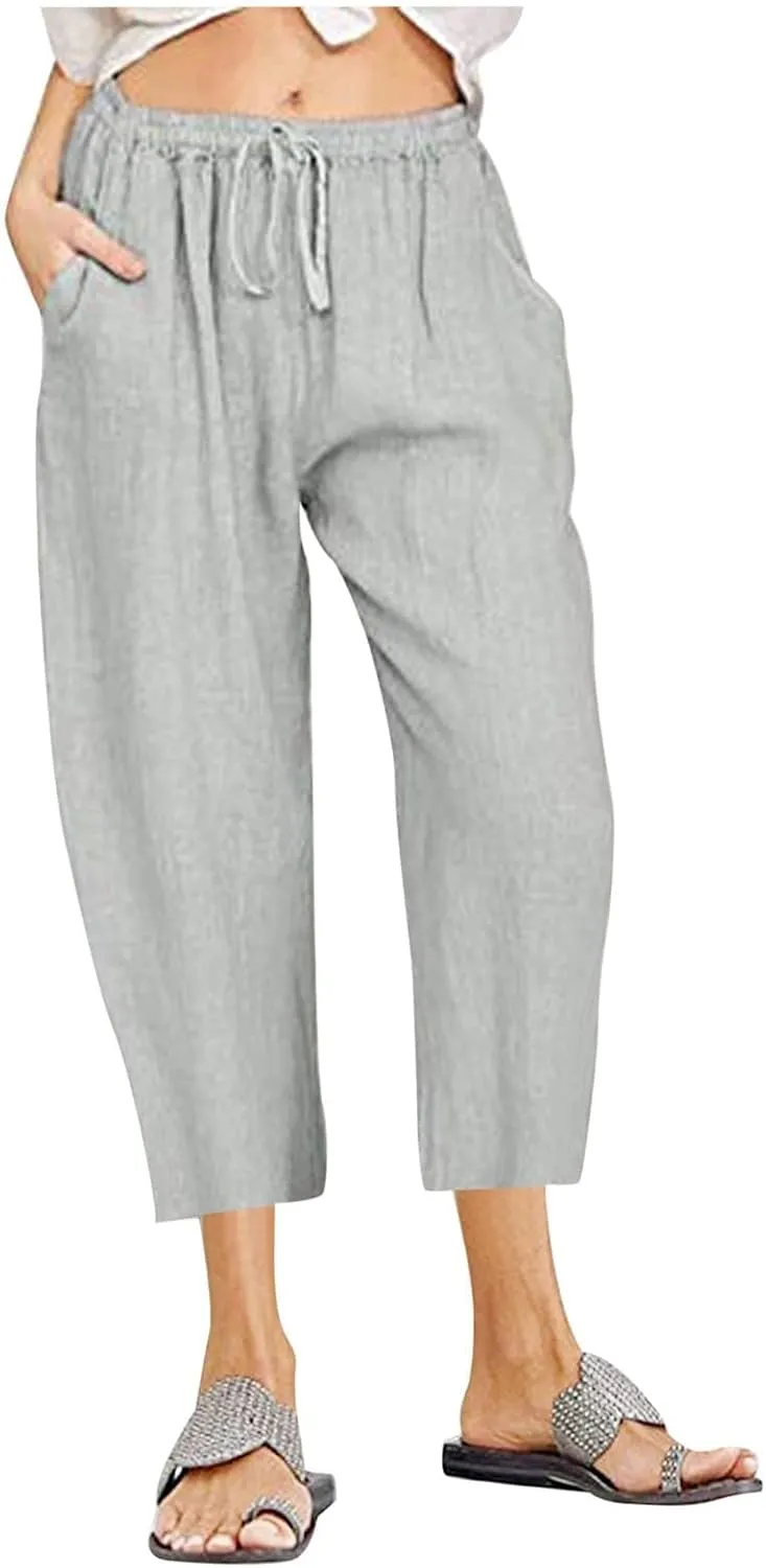 Linen Capri Pants for Women Plus Size Summer Casual Loose Comfy Beach Pants Cropped Vacation Outfits with Pockets