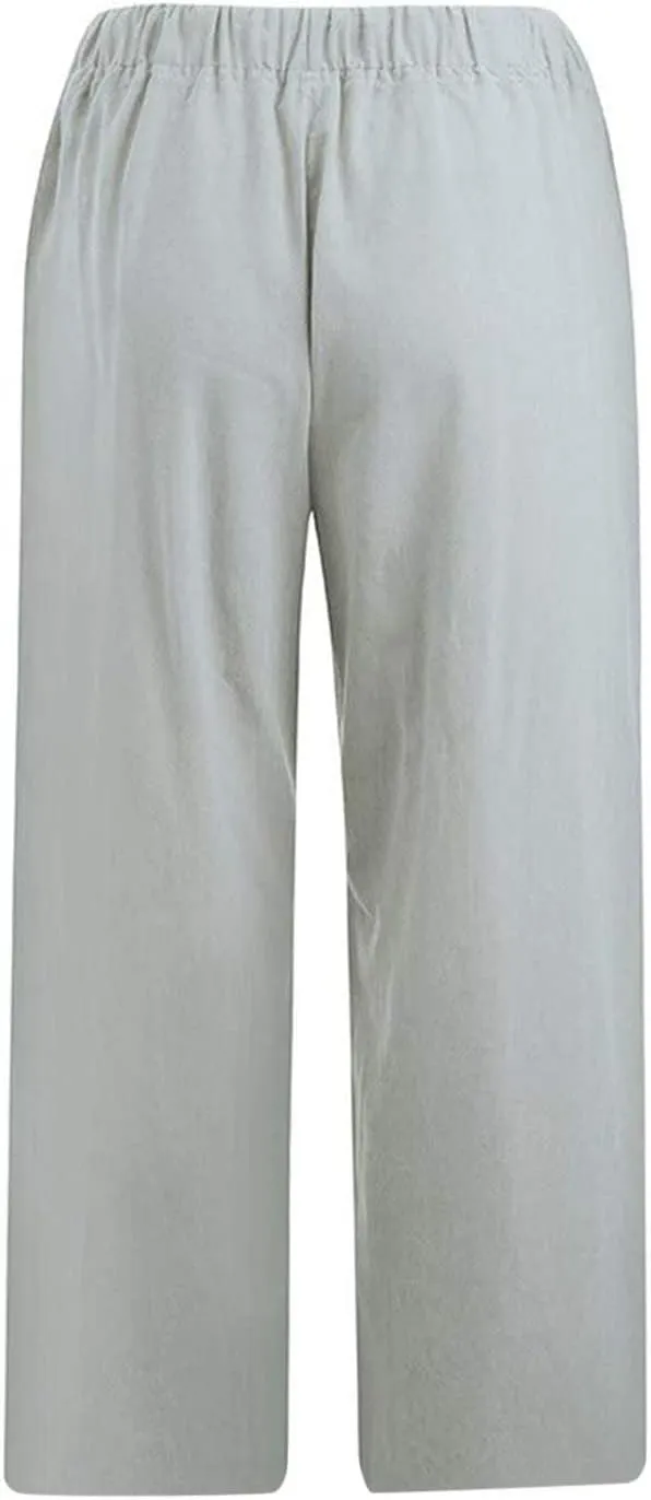 Linen Capri Pants for Women Plus Size Summer Casual Loose Comfy Beach Pants Cropped Vacation Outfits with Pockets