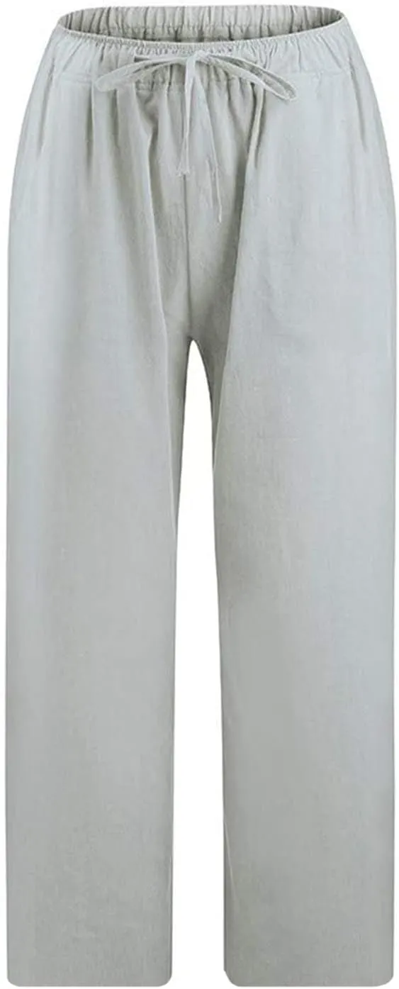 Linen Capri Pants for Women Plus Size Summer Casual Loose Comfy Beach Pants Cropped Vacation Outfits with Pockets