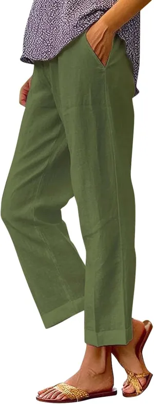 Linen Capri Pants for Women Summer 2025 Wide Leg Loose Drawstring Elastic Waist Cropped Trouser