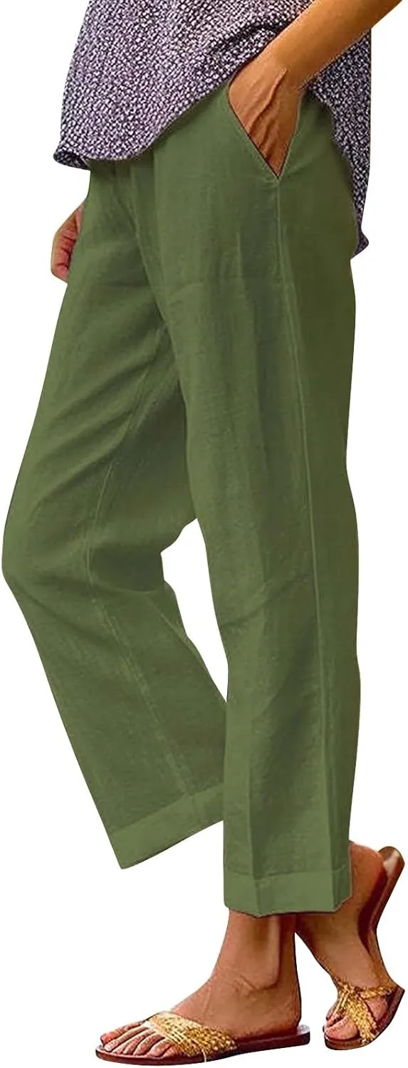 Linen Capri Pants for Women Summer 2025 Wide Leg Loose Drawstring Elastic Waist Cropped Trouser