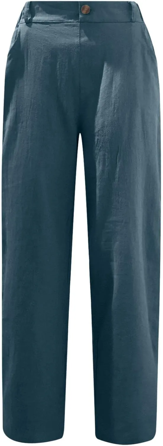 Linen Capri Pants for Women Summer Elastic Waisted Cropped Pants Casual Cotton Trousers with Pockets Plus Size Capris