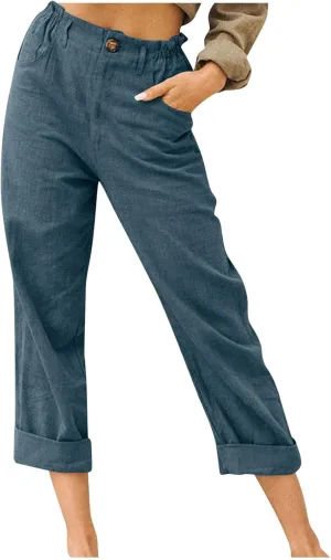 Linen Capri Pants for Women Summer Elastic Waisted Cropped Pants Casual Cotton Trousers with Pockets Plus Size Capris