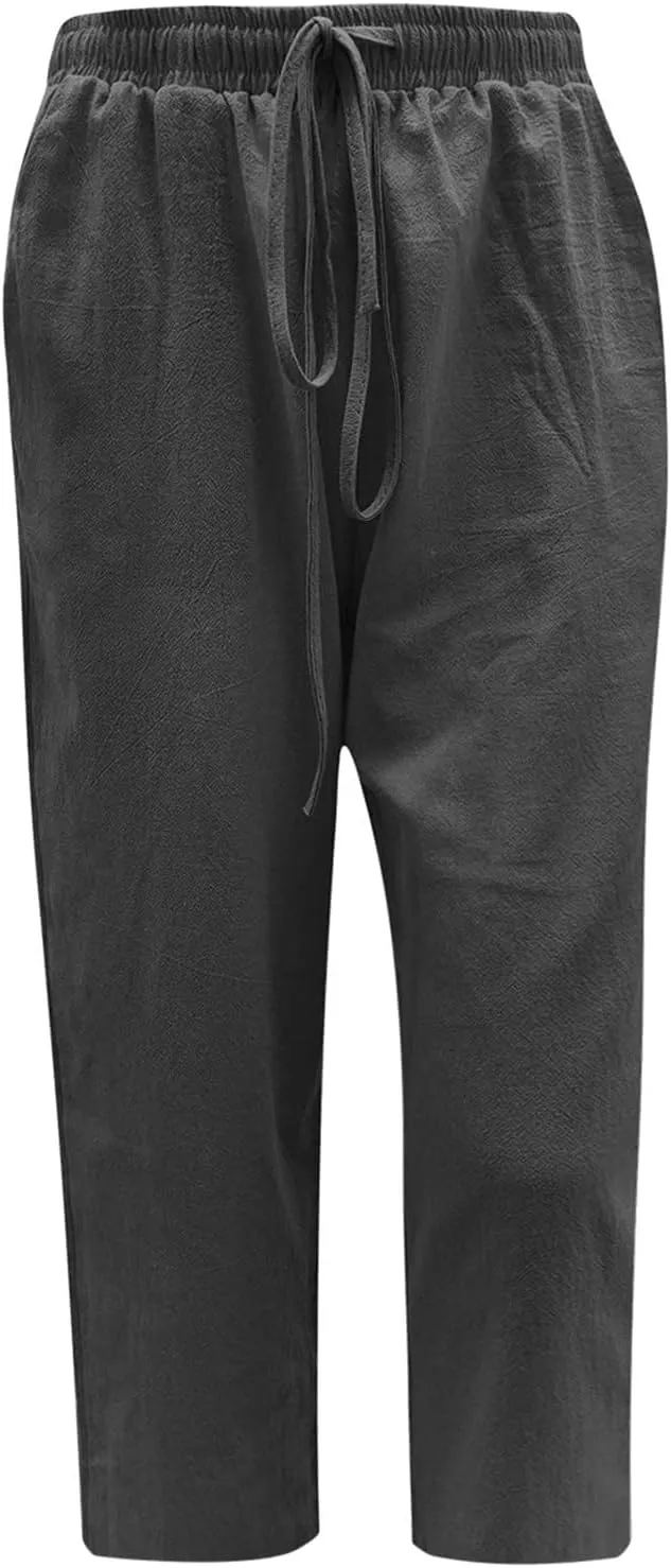 Linen Capri Pants for Women with Pockets Drawstring Waisted Summer Loose Cropped Pants Wide Leg Trousers