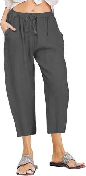 Linen Capri Pants for Women with Pockets Drawstring Waisted Summer Loose Cropped Pants Wide Leg Trousers