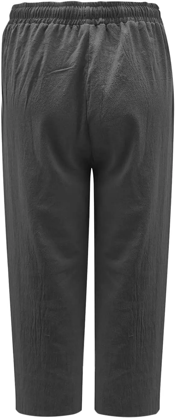 Linen Capri Pants for Women with Pockets Drawstring Waisted Summer Loose Cropped Pants Wide Leg Trousers