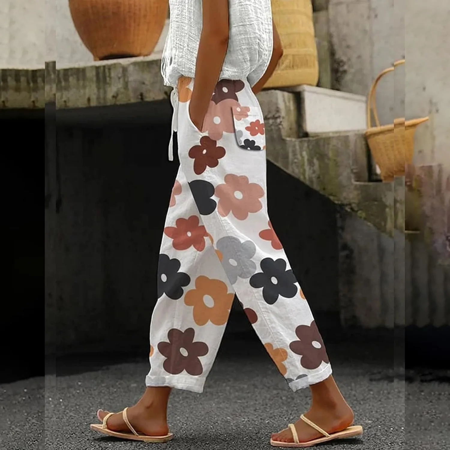 Linen Cotton Pants for Women Trendy Straight Elastic Long Drawstring Waist Casual Slit Plus Size Trousers with Pocket