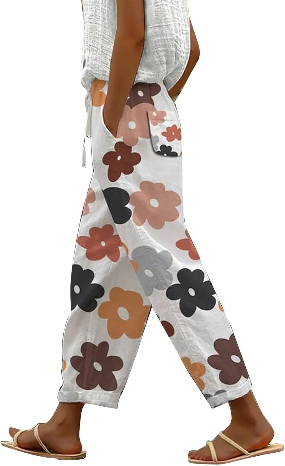 Linen Cotton Pants for Women Trendy Straight Elastic Long Drawstring Waist Casual Slit Plus Size Trousers with Pocket