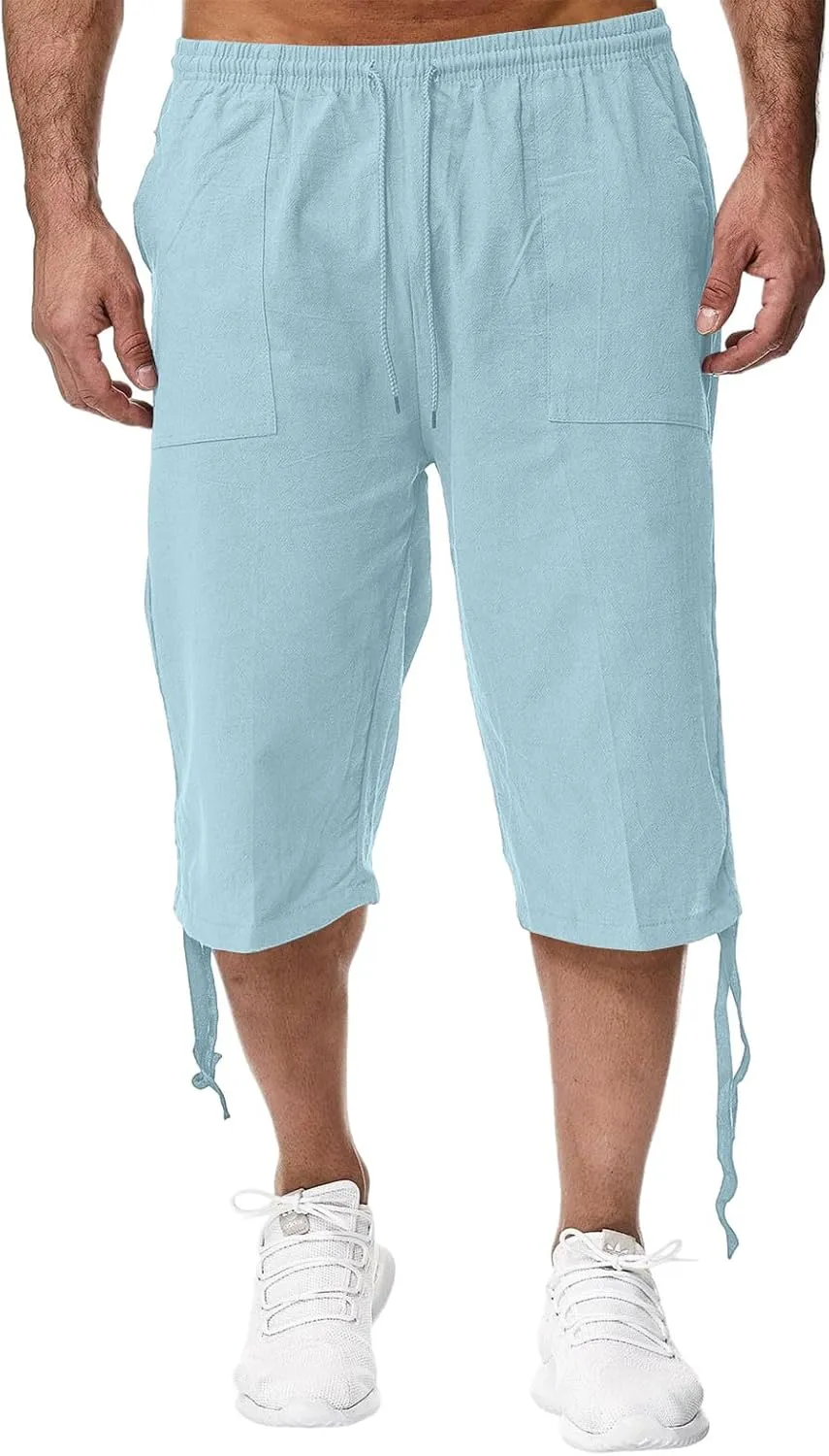 Linen Cropped Pants for Men Summer Lightweight Beach Capris Pants Elastic Waisted Wide Leg Lounge Capri Pant w/Pocket