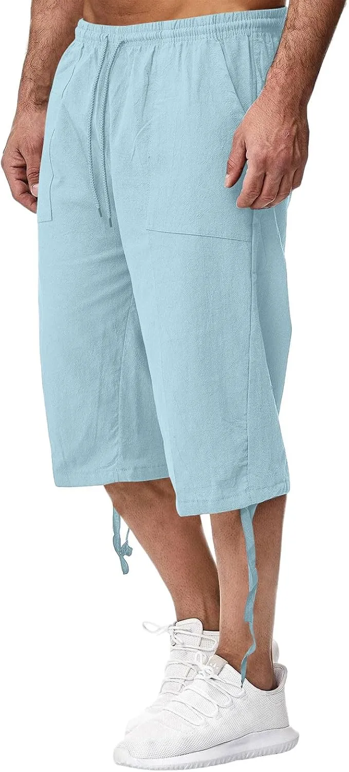 Linen Cropped Pants for Men Summer Lightweight Beach Capris Pants Elastic Waisted Wide Leg Lounge Capri Pant w/Pocket