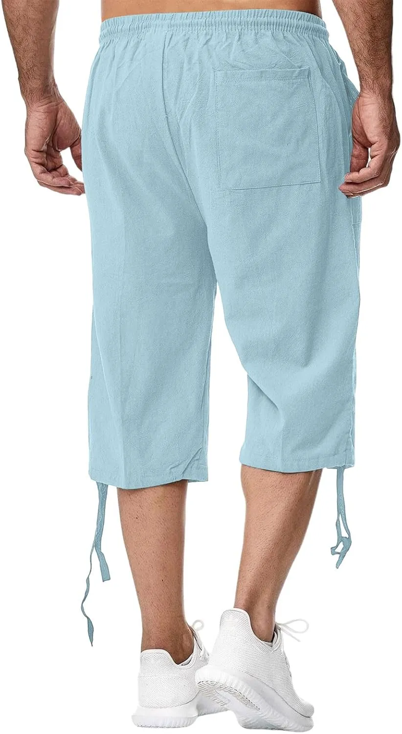 Linen Cropped Pants for Men Summer Lightweight Beach Capris Pants Elastic Waisted Wide Leg Lounge Capri Pant w/Pocket