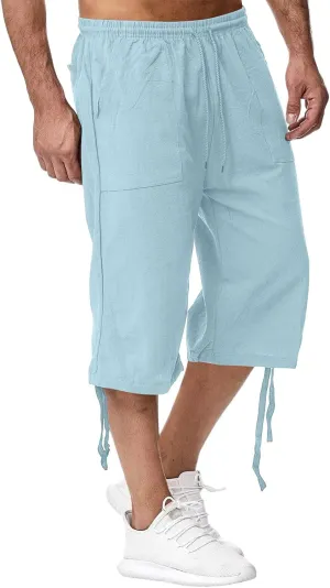Linen Cropped Pants for Men Summer Lightweight Beach Capris Pants Elastic Waisted Wide Leg Lounge Capri Pant w/Pocket